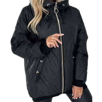 Effortless Beige Puffer Jacket for Women with High Neck Long Sleeve Pockets Casual Style