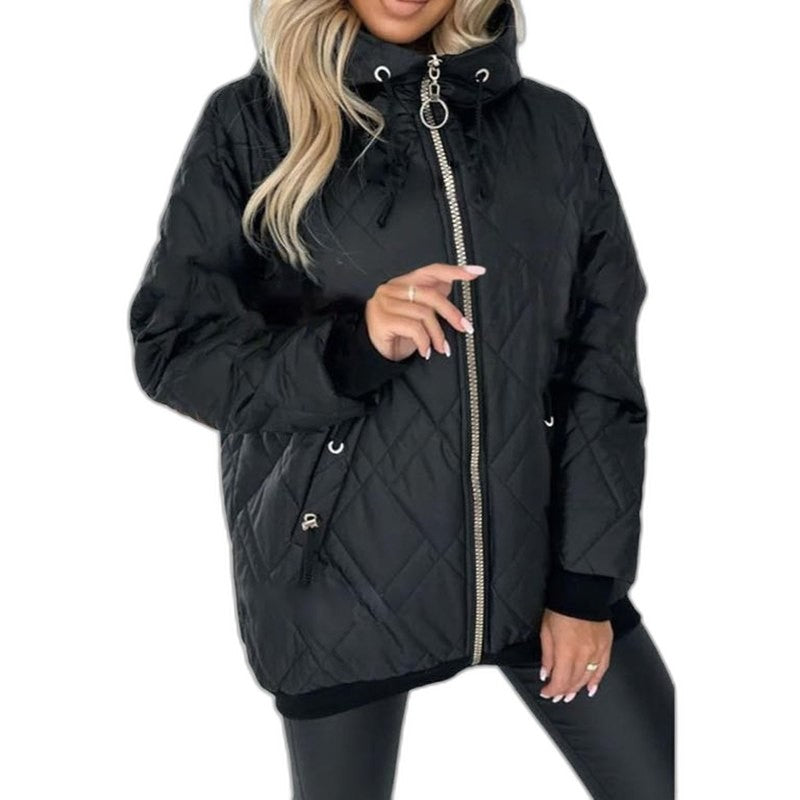 Effortless Beige Puffer Jacket for Women with High Neck Long Sleeve Pockets Casual Style