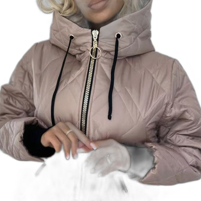 Effortless Beige Puffer Jacket for Women with High Neck Long Sleeve Pockets Casual Style