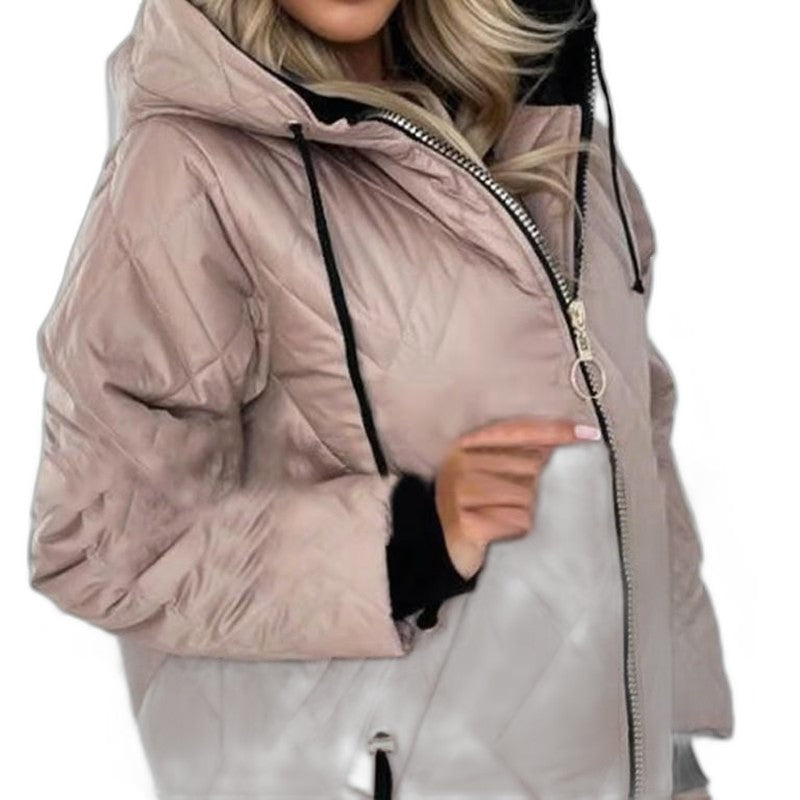 Effortless Beige Puffer Jacket for Women with High Neck Long Sleeve Pockets Casual Style