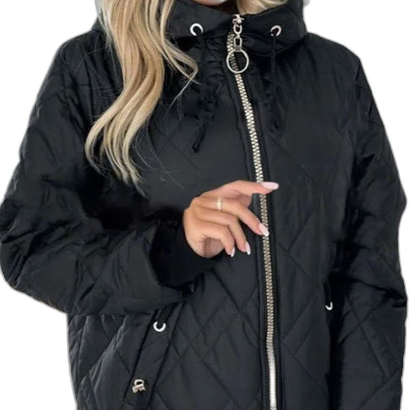 Effortless Beige Puffer Jacket for Women with High Neck Long Sleeve Pockets Casual Style