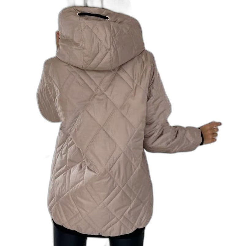 Effortless Beige Puffer Jacket for Women with High Neck Long Sleeve Pockets Casual Style