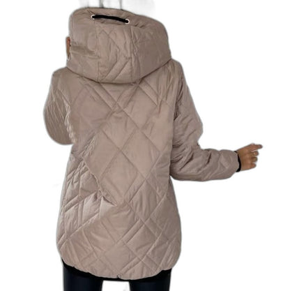 Effortless Beige Puffer Jacket for Women with High Neck Long Sleeve Pockets Casual Style