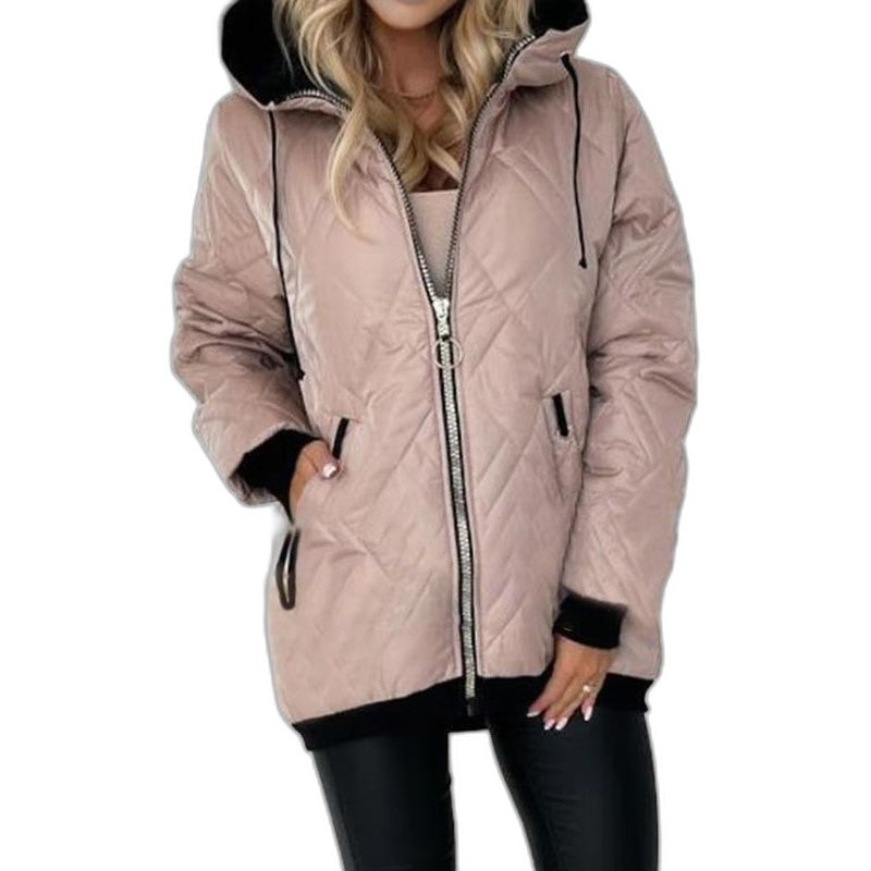 Effortless Beige Puffer Jacket for Women with High Neck Long Sleeve Pockets Casual Style