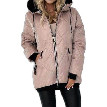 Effortless Beige Puffer Jacket for Women with High Neck Long Sleeve Pockets Casual Style