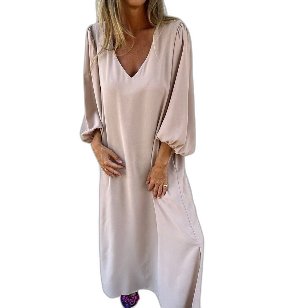 Effortless Beige Satin Midi Dress for Women with V Neck Long Sleeve Flowing Oversized Pockets Casual Style