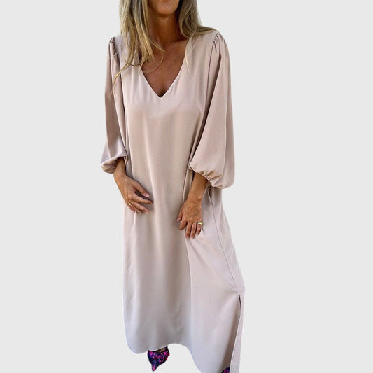 Effortless Beige Satin Midi Dress for Women with V Neck Long Sleeve Flowing Oversized Pockets Casual Style