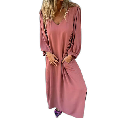 Effortless Beige Satin Midi Dress for Women with V Neck Long Sleeve Flowing Oversized Pockets Casual Style