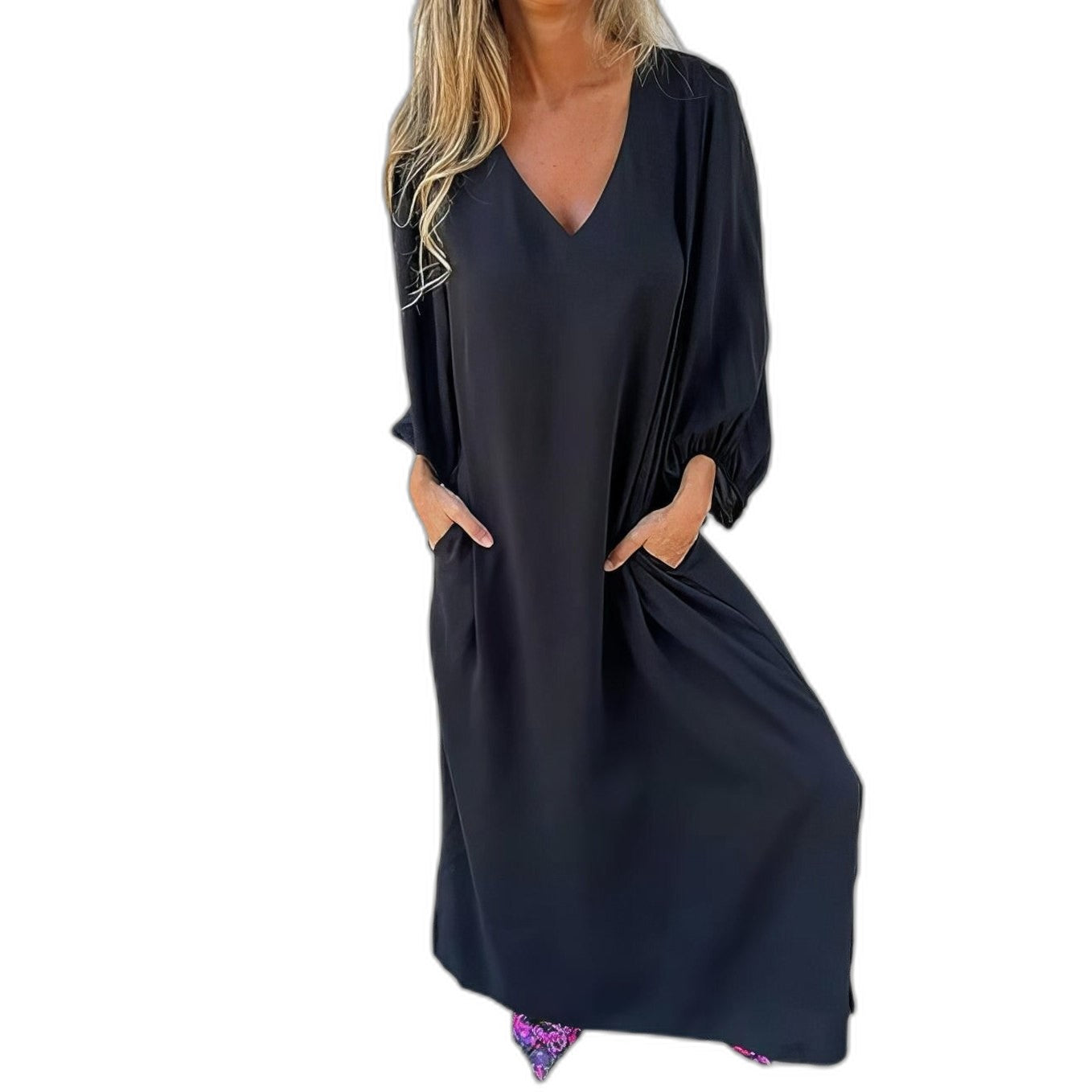 Effortless Beige Satin Midi Dress for Women with V Neck Long Sleeve Flowing Oversized Pockets Casual Style