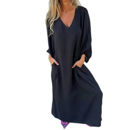 Effortless Beige Satin Midi Dress for Women with V Neck Long Sleeve Flowing Oversized Pockets Casual Style