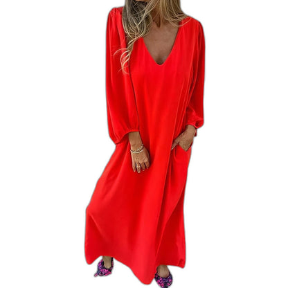 Effortless Beige Satin Midi Dress for Women with V Neck Long Sleeve Flowing Oversized Pockets Casual Style