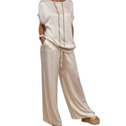 Effortless Beige Satin Two Piece Set for Women with Wide Leg Flowing Casual Style