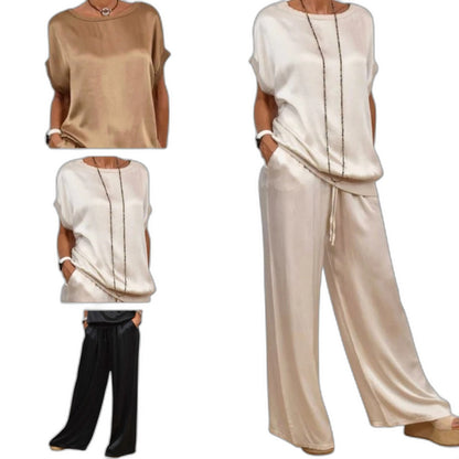 Effortless Beige Satin Two Piece Set for Women with Wide Leg Flowing Casual Style