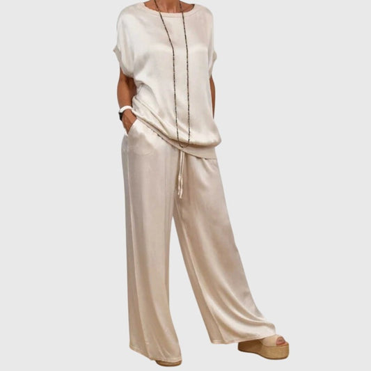 Effortless Beige Satin Two Piece Set for Women with Wide Leg Flowing Casual Style