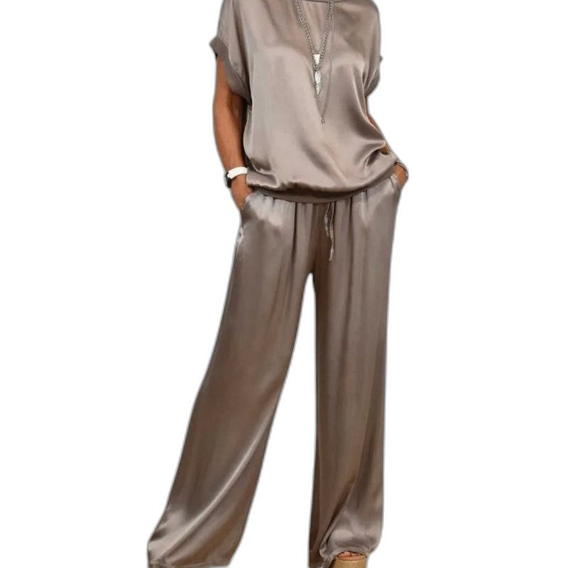 Effortless Beige Satin Two Piece Set for Women with Wide Leg Flowing Casual Style