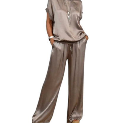 Effortless Beige Satin Two Piece Set for Women with Wide Leg Flowing Casual Style