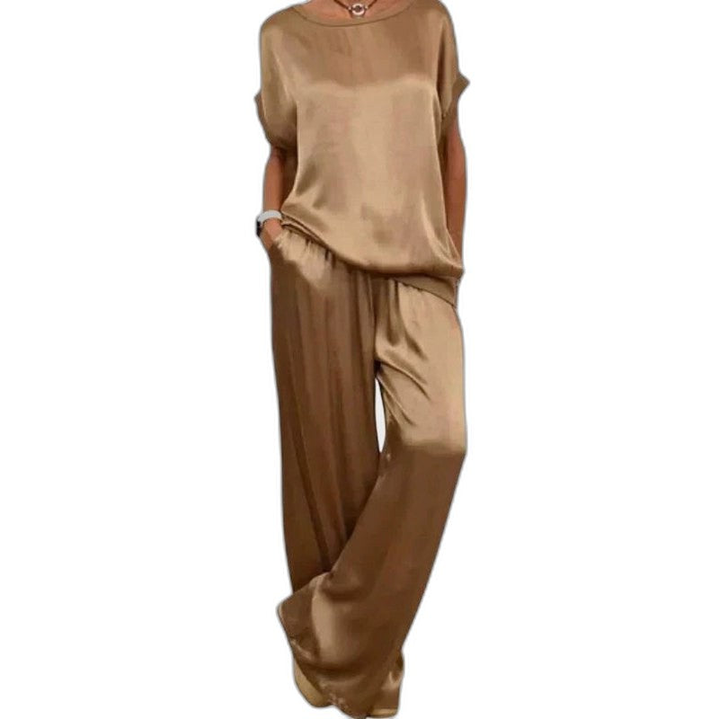 Effortless Beige Satin Two Piece Set for Women with Wide Leg Flowing Casual Style