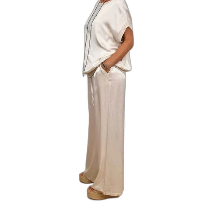 Effortless Beige Satin Two Piece Set for Women with Wide Leg Flowing Casual Style
