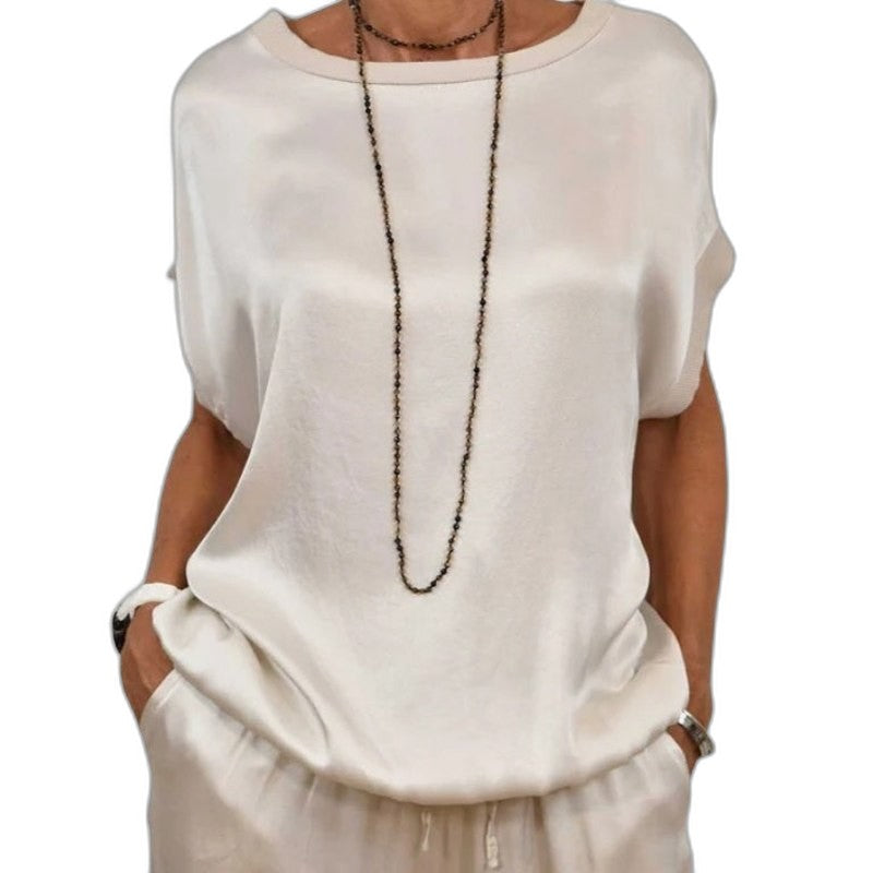 Effortless Beige Satin Two Piece Set for Women with Wide Leg Flowing Casual Style
