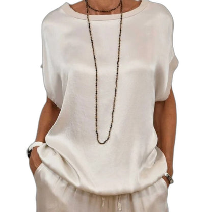 Effortless Beige Satin Two Piece Set for Women with Wide Leg Flowing Casual Style