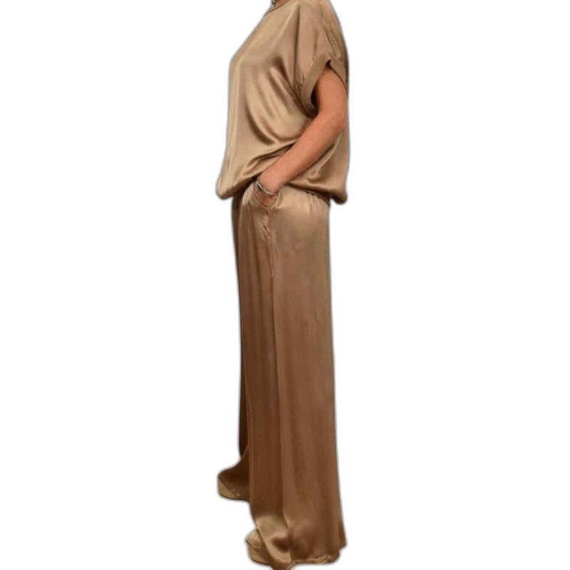 Effortless Beige Satin Two Piece Set for Women with Wide Leg Flowing Casual Style