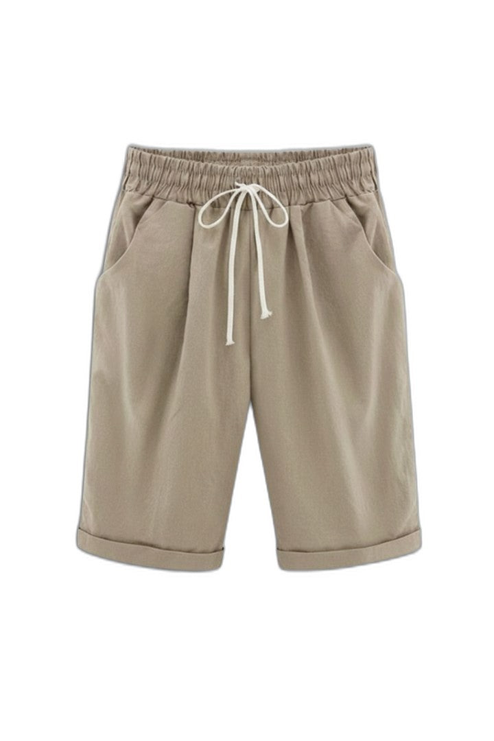 Effortless Beige Shorts for Women with High Waisted Drawstring Pockets Casual Style