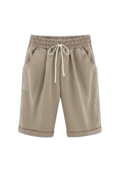 Effortless Beige Shorts for Women with High Waisted Drawstring Pockets Casual Style