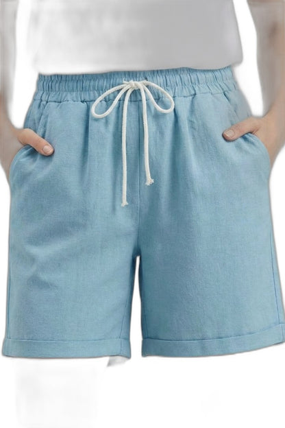 Effortless Beige Shorts for Women with High Waisted Drawstring Pockets Casual Style