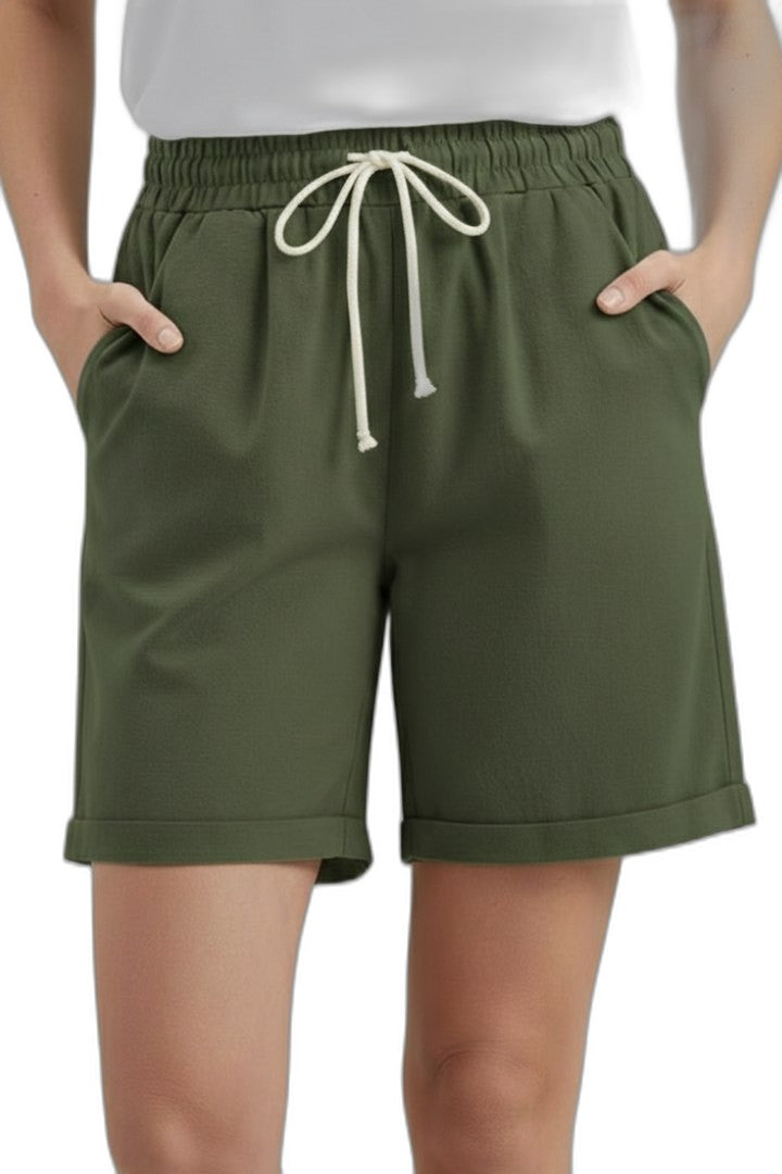 Effortless Beige Shorts for Women with High Waisted Drawstring Pockets Casual Style
