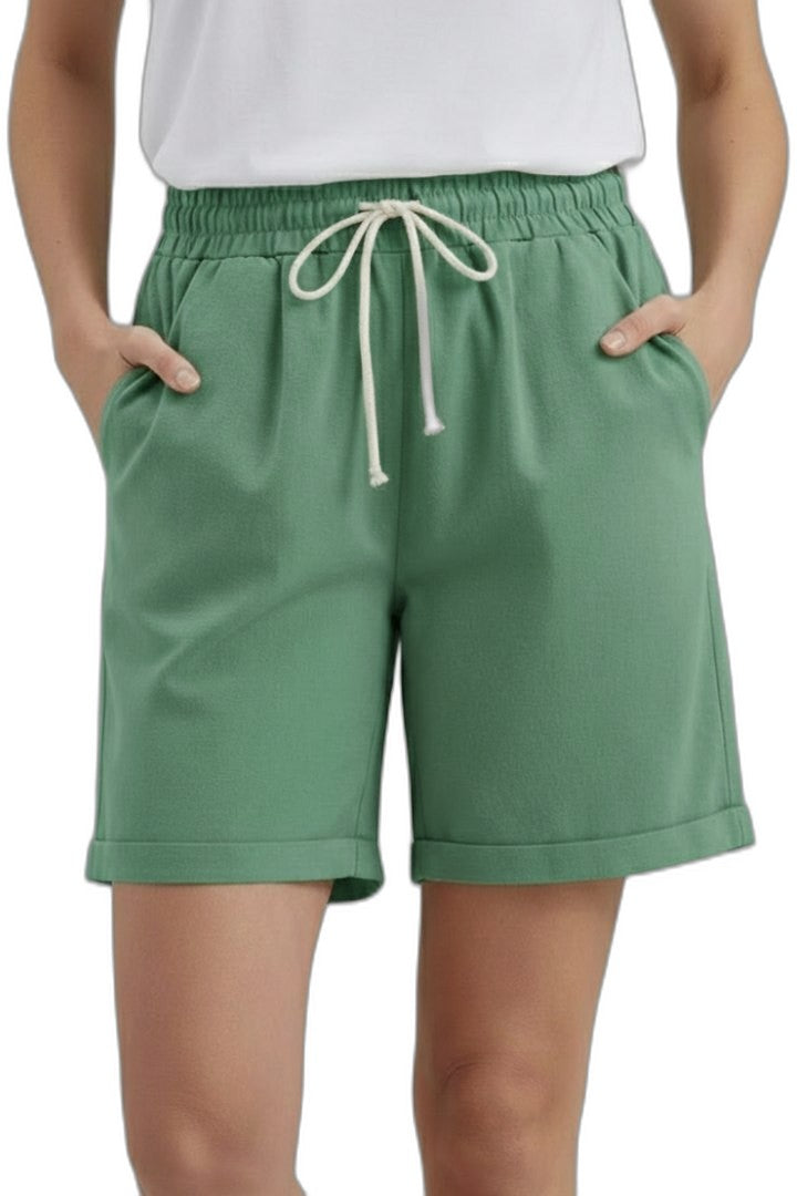Effortless Beige Shorts for Women with High Waisted Drawstring Pockets Casual Style