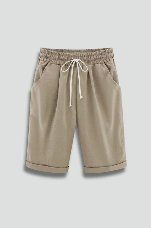 Effortless Beige Shorts for Women with High Waisted Drawstring Pockets Casual Style