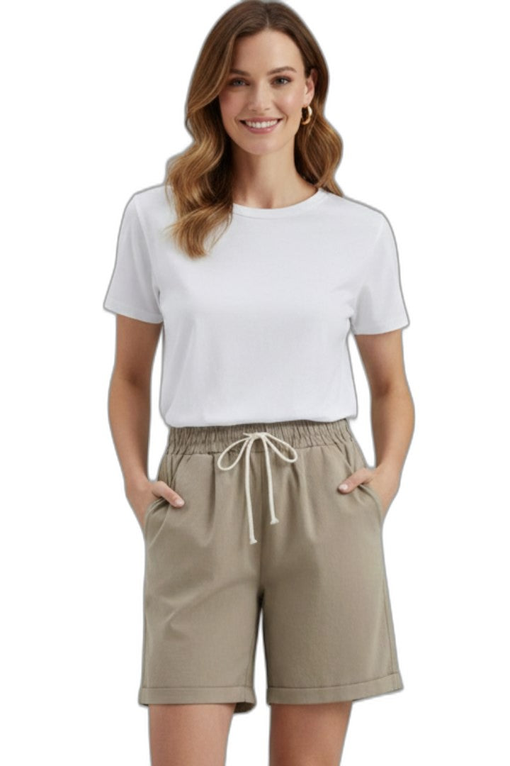 Effortless Beige Shorts for Women with High Waisted Drawstring Pockets Casual Style