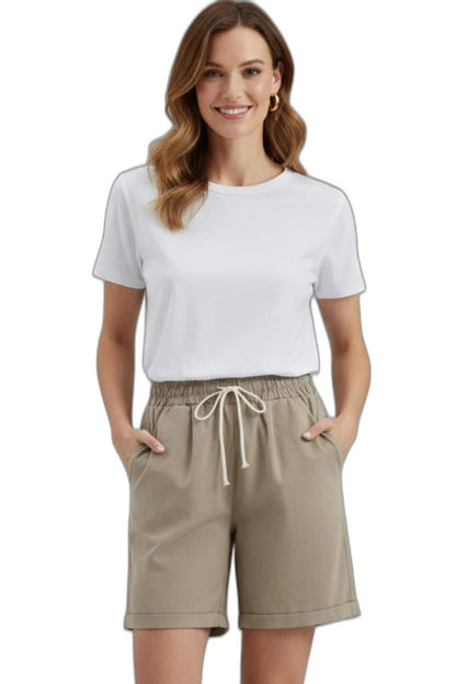 Effortless Beige Shorts for Women with High Waisted Drawstring Pockets Casual Style