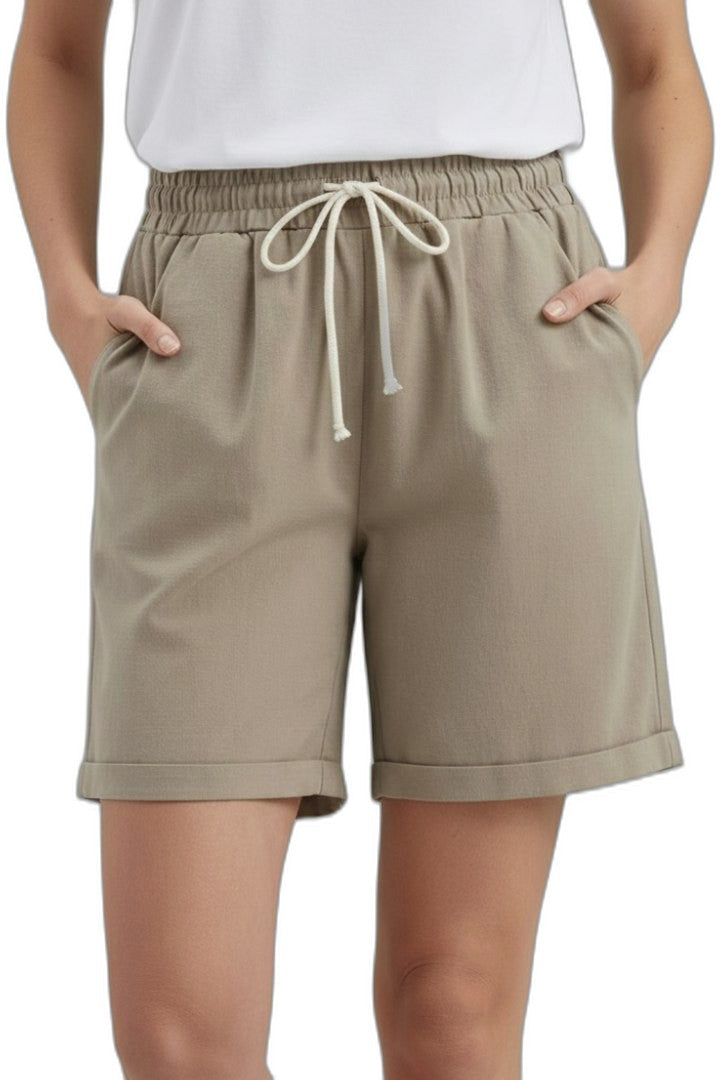 Effortless Beige Shorts for Women with High Waisted Drawstring Pockets Casual Style