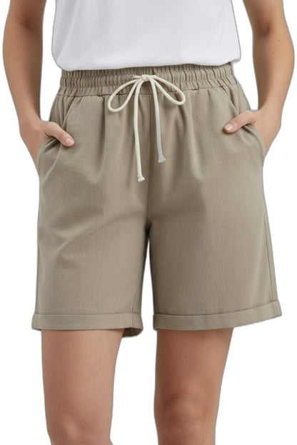 Effortless Beige Shorts for Women with High Waisted Drawstring Pockets Casual Style