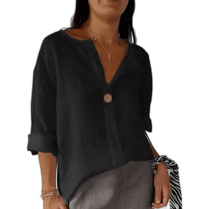Effortless Black Blouse for Women with V Neck Elbow Sleeve Button Front Flowing Casual Style