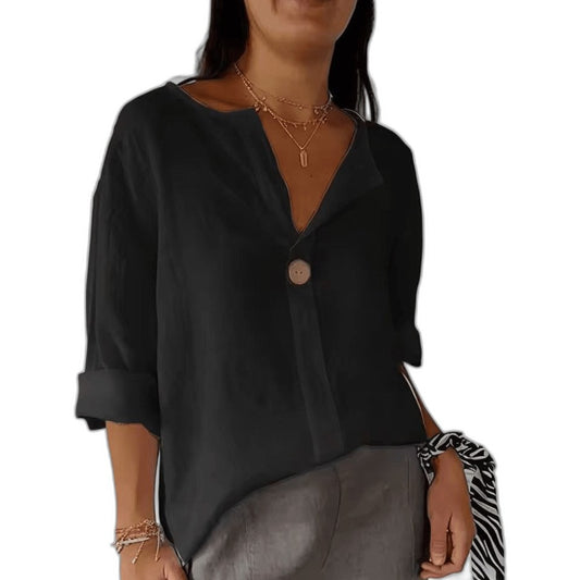 Effortless Black Blouse for Women with V Neck Elbow Sleeve Button Front Flowing Casual Style