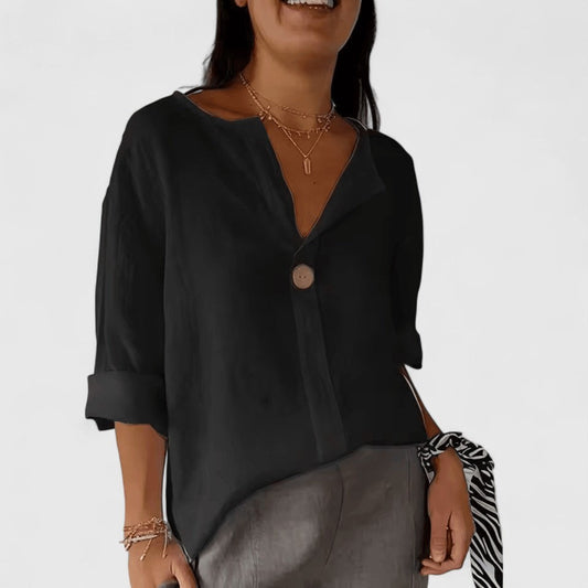 Effortless Black Blouse for Women with V Neck Elbow Sleeve Button Front Flowing Casual Style