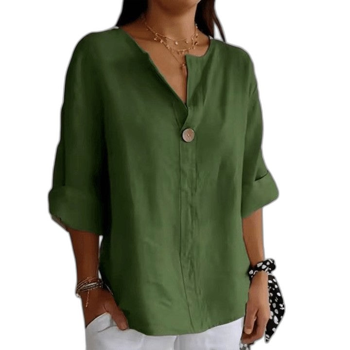 Effortless Black Blouse for Women with V Neck Elbow Sleeve Button Front Flowing Casual Style