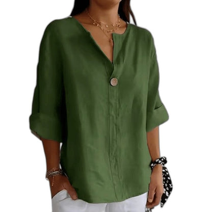 Effortless Black Blouse for Women with V Neck Elbow Sleeve Button Front Flowing Casual Style