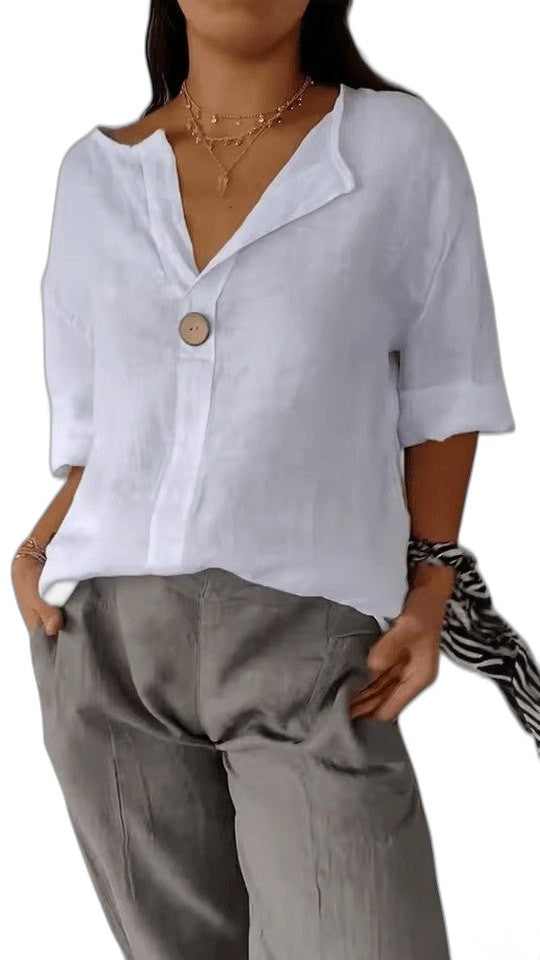 Effortless Black Blouse for Women with V Neck Elbow Sleeve Button Front Flowing Casual Style