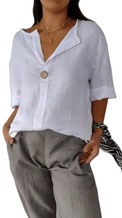 Effortless Black Blouse for Women with V Neck Elbow Sleeve Button Front Flowing Casual Style