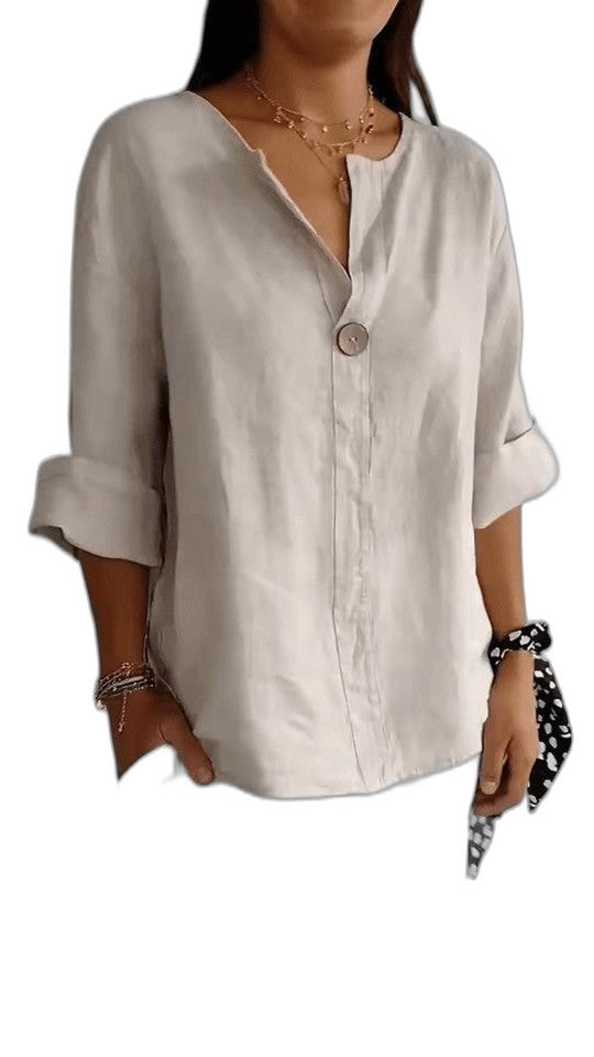 Effortless Black Blouse for Women with V Neck Elbow Sleeve Button Front Flowing Casual Style