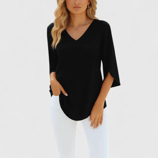 Effortless Black Blouse for Women with V Neck Elbow Sleeve Pockets Casual Style