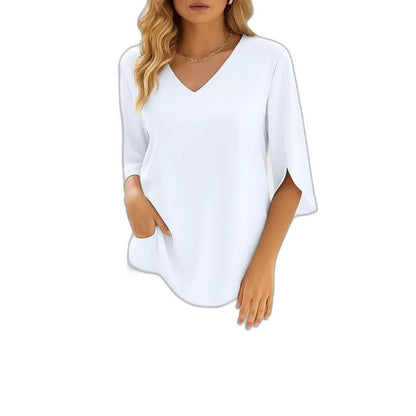 Effortless Black Blouse for Women with V Neck Elbow Sleeve Pockets Casual Style