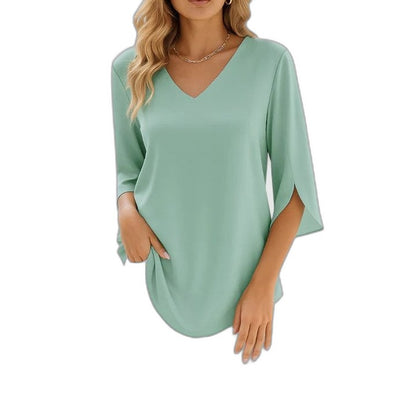 Effortless Black Blouse for Women with V Neck Elbow Sleeve Pockets Casual Style