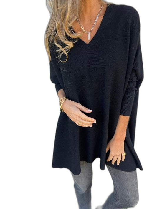Effortless Black Blouse for Women with V Neck Long Sleeve Flowing Oversized Casual Style