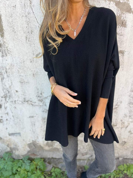 Effortless Black Blouse for Women with V Neck Long Sleeve Flowing Oversized Casual Style