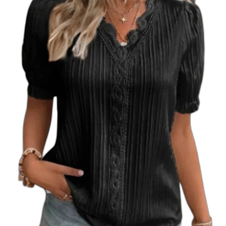 Effortless Black Blouse for Women with V Neck Short Sleeve Button Front Casual Style