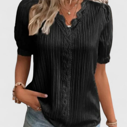Effortless Black Blouse for Women with V Neck Short Sleeve Button Front Casual Style